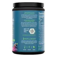 Health Logics Glowing Greens label closeup highlights clean ingredients and Berry Blast flavor.
