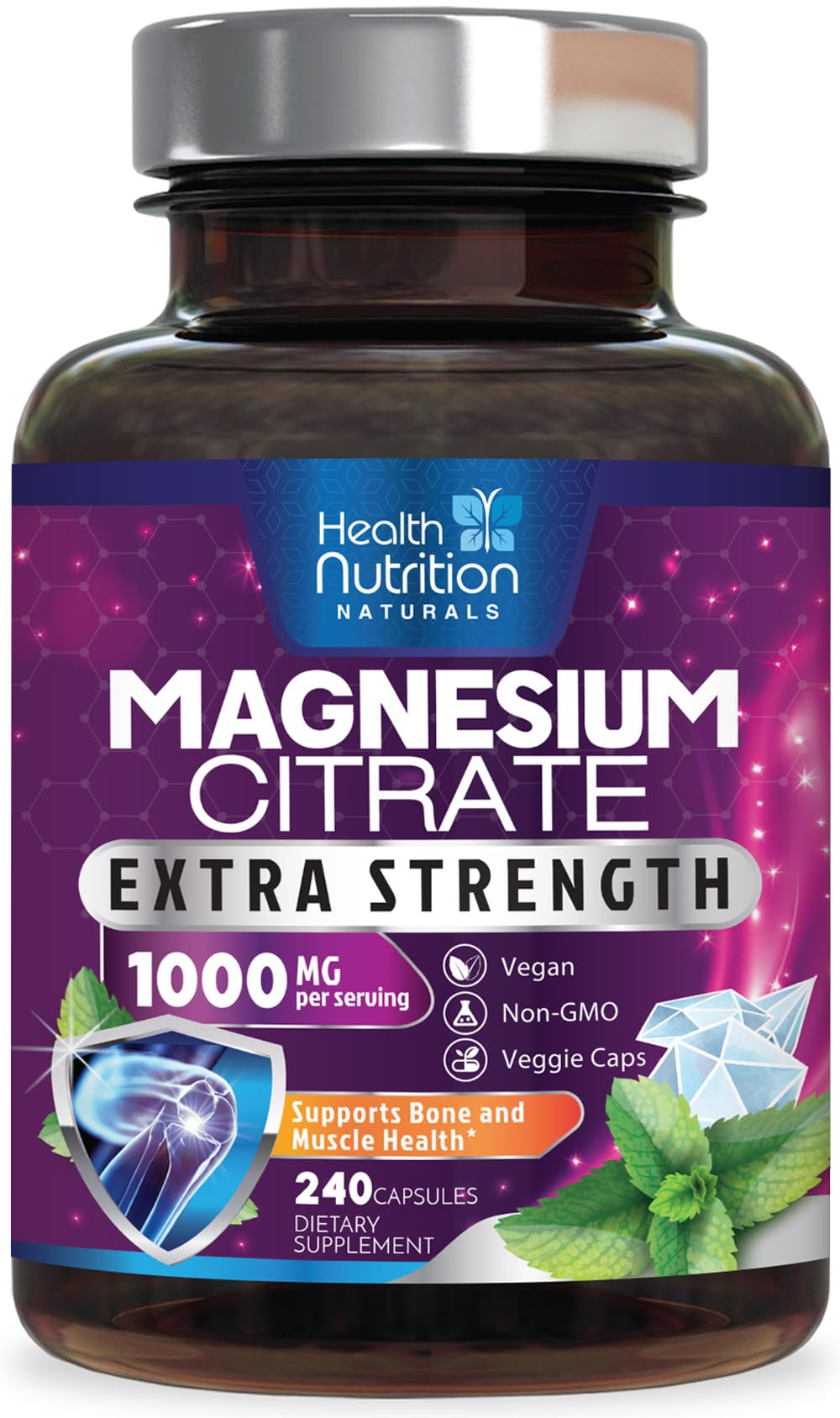 Health Nutrition Naturals Magnesium Citrate Capsules 1000mg bottle for convenient daily magnesium support.