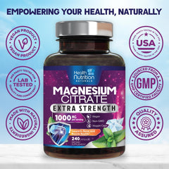 Health Nutrition Naturals Magnesium Citrate Capsules 1000mg pouring capsules for easy dosing.