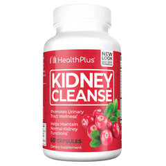 Health Plus Advanced Kidney Cleanse bottle highlights a daily supplement for kidney health and urinary wellness.