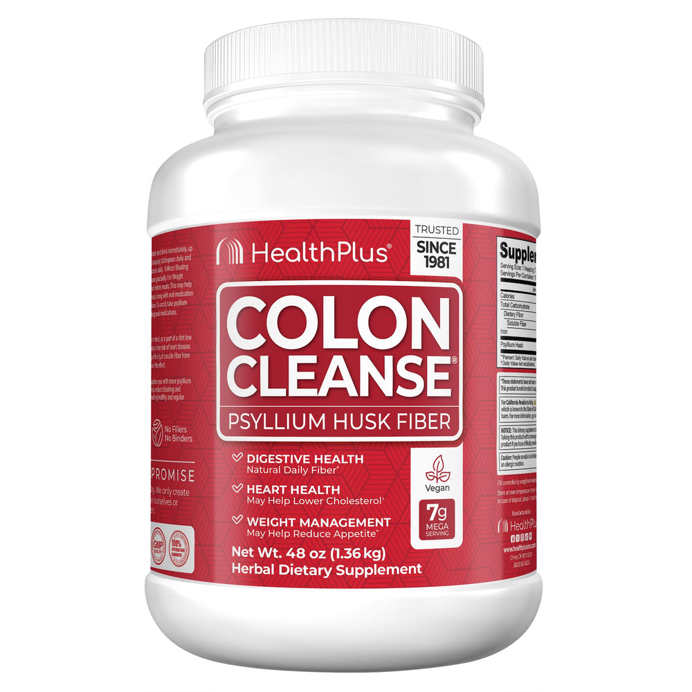 Health Plus Colon Cleanse bottle front view for easy daily dosing.