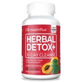 Health Plus Herbal Detox bottle closeup for daily cleansing support.