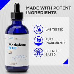 Health Plus+ methylene blue bottle in dark blue vial preserving stability by UV protection.