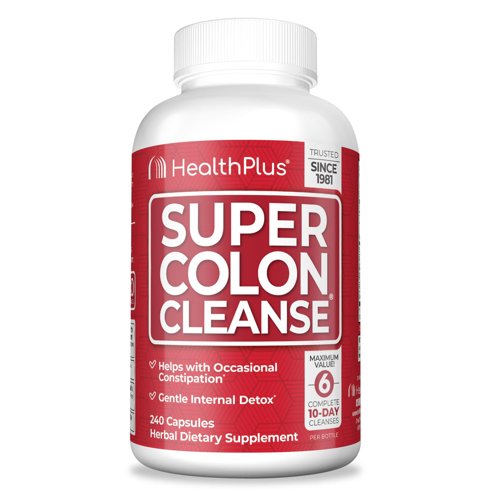 Health Plus Super Colon Cleanse bottle on a clean surface for digestive support.
