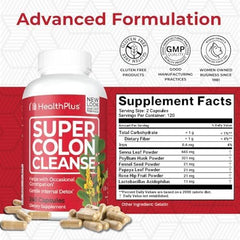 Health Plus Super Colon Cleanse capsules close-up highlighting convenient daily use.