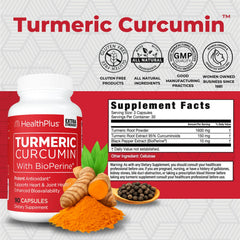 Health Plus Turmeric Curcumin capsules closeup — easy-to-take capsules with BioPerine for absorption.