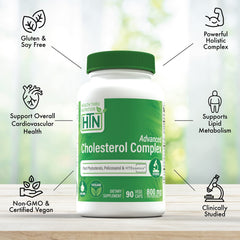 Packaging box of Health Thru Nutrition Advanced Cholesterol Complex highlights vegan non-GMO formulation