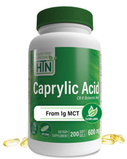 Health Thru Nutrition Caprylic Acid 600mg bottle front showing digestive support potential