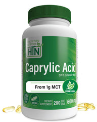 Health Thru Nutrition Caprylic Acid 600mg bottle front showing digestive support potential