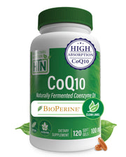 Health Thru Nutrition CoQ10 bottle for daily heart health support and easy supplementation.