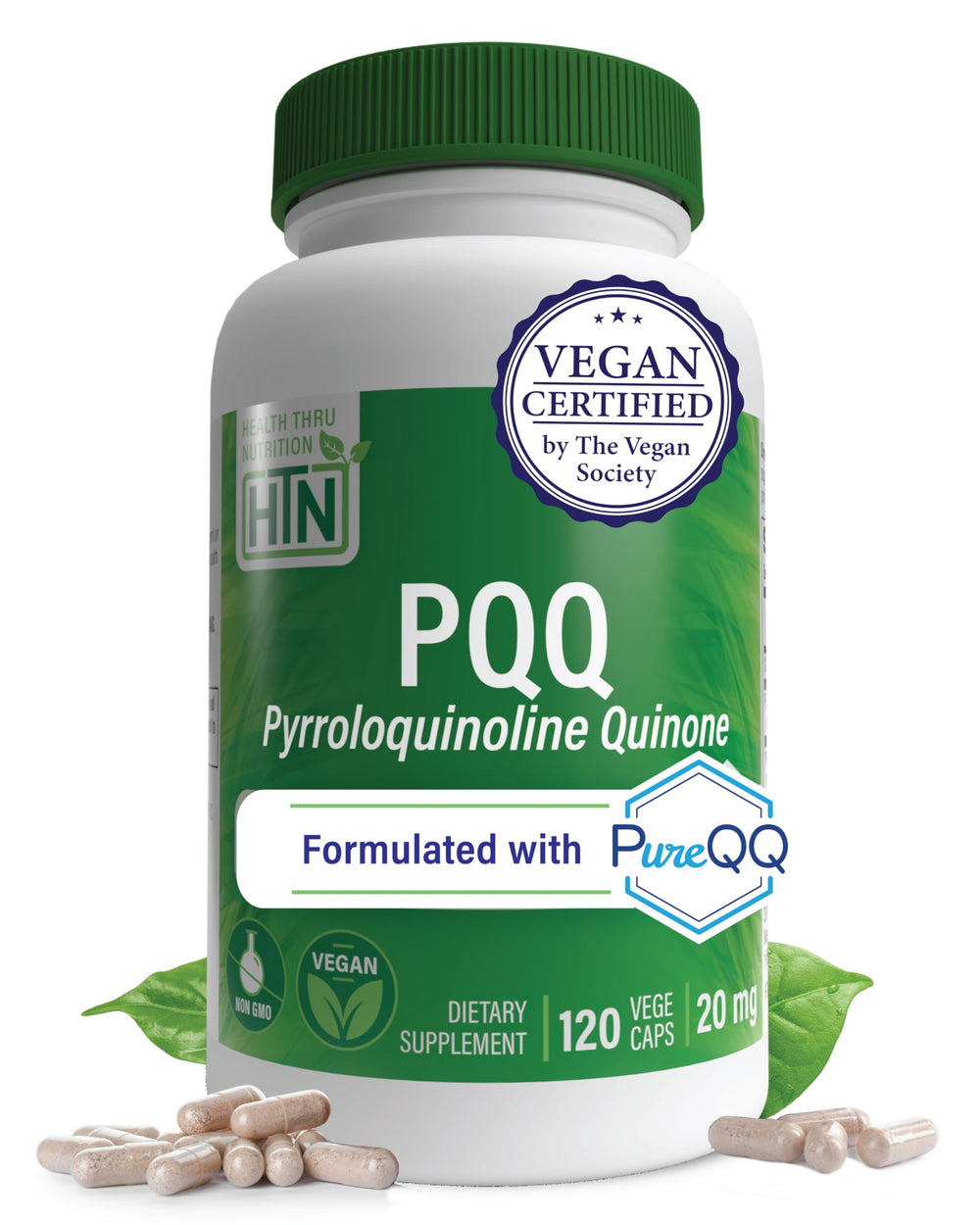 Health Thru Nutrition PQQ bottle front shows clean label and vegan, non-GMO formulation for daily use.