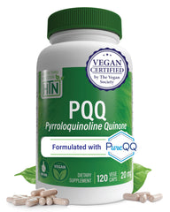 Health Thru Nutrition PQQ bottle front shows clean label and vegan, non-GMO formulation for daily use.