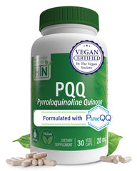 Health Thru Nutrition PQQ bottle label with 20 mg capsules for energy support.