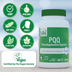 Health Thru Nutrition PQQ label zoom emphasizes PureQQ potency and cGMP-certified manufacturing.