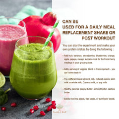 Health & Well vanilla protein powder scoop beside a glass of smoothie.