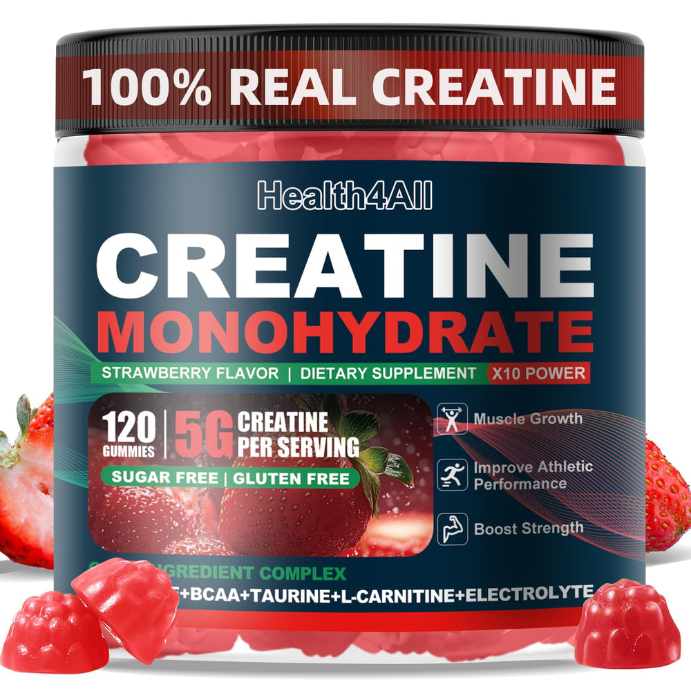 Health4All Creatine Monohydrate Gummies bottle shown with strawberry flavor for workout energy support
