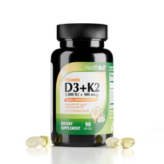 HealthA2Z Vitamin D3 + K2 bottle on desk highlighting calcium support for bones.