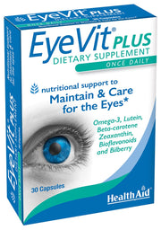 HealthAid EyeVit Plus bottle close-up for daily eye support and convenient nutrition