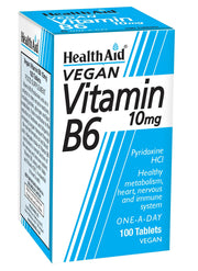 HealthAid Vitamin B6 10mg bottle with 100 tablets, supports daily energy metabolism