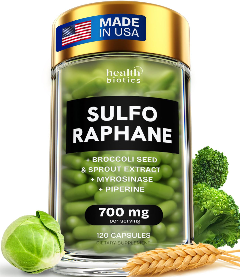 Healthbiotics sulforaphane supplement bottle front supports daily detox potential.