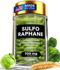 Healthbiotics sulforaphane supplement bottle front supports daily detox potential.