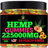 Healthergize hemp gummies peach rings show chewy flavor for daily enjoyment.