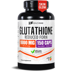 Healthfare Glutathione 1000mg bottle closeup for premium antioxidant support.