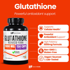 Healthfare Glutathione 150 vegan capsules in bottle for daily immune support.