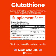 Healthfare Glutathione label detail highlighting purity and GMP compliance.