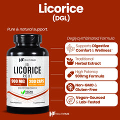 Healthfare Licorice Root Extract capsules close-up highlighting vegan formula