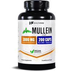 Healthfare Mullein Leaf Extract bottle shows a high-strength herbal supplement for daily balance