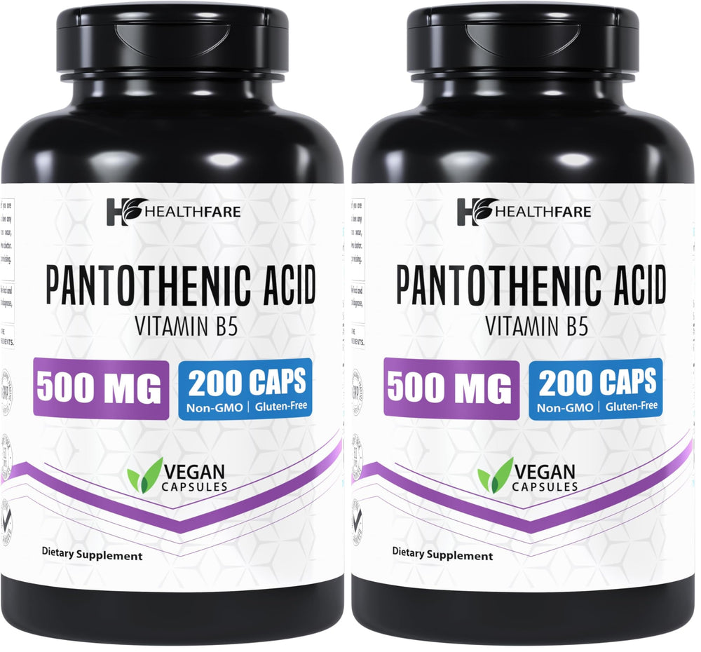 Healthfare Pantothenic Acid 500mg bottle with energy-supporting capsules