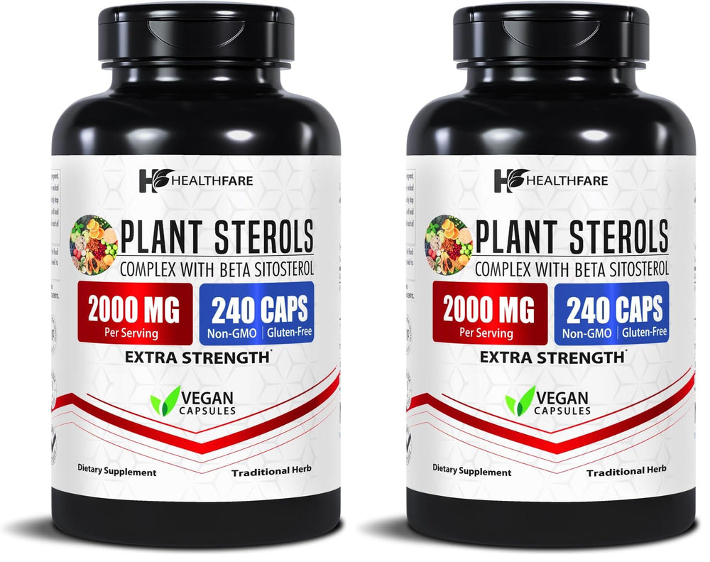 Healthfare Plant Sterols Capsules bottle shown for daily wellness routine.