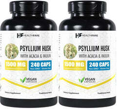 Healthfare Psyllium Husk Capsules bottle front, highlighting high-potency 1500mg per capsule.