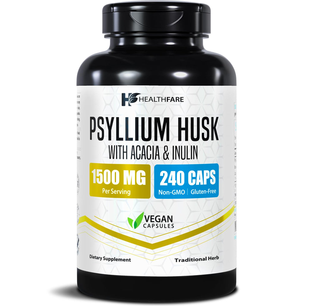 Healthfare Psyllium Husk Fiber bottle shows an easy daily fiber option for digestive support.