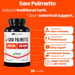 Healthfare saw palmetto capsules close up highlighting 4000mg equivalent extract