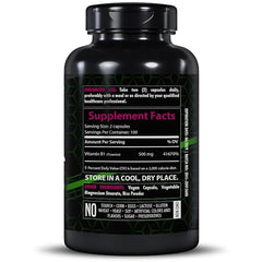 Healthfare Vitamin B1 bottle label closeup with vegan non-GMO badge