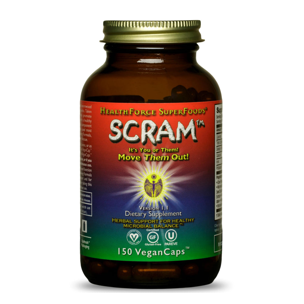 HEALTHFORCE Scram bottle front view highlighting digestion support capsules.