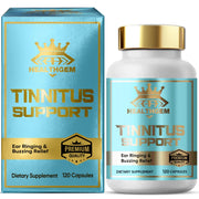 HealthGEM Tinnitus Relief capsules and bottle displayed for daily ear support.