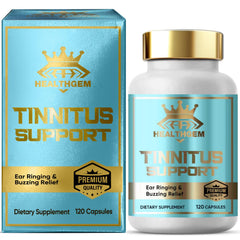 HealthGEM Tinnitus Relief capsules and bottle displayed for daily ear support.