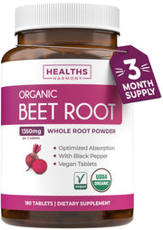 Healths Harmony beetroot tablets bottle closeup highlighting energy support.