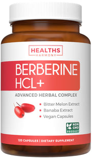 Healths Harmony berberine capsules bottle with label highlights potential metabolic support