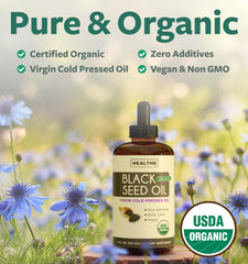 Healths Harmony black seed oil bottle label shows organic, pure sourcing.