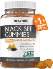 Healths Harmony Black Seed Oil Gummies in ginger ale bottle, convenient vegan supplement