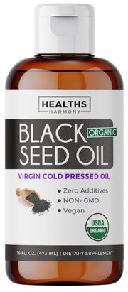Healths Harmony black seed oil liquid bottle pour demonstrating easy daily dosing.