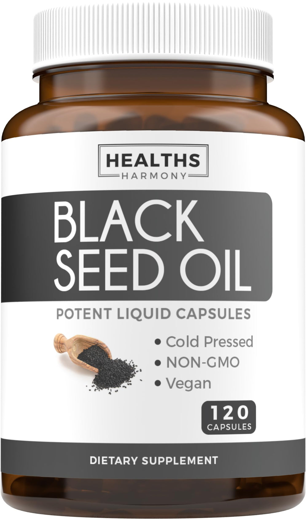 Healths Harmony black seed oil softgel bottle with easy daily capsules.
