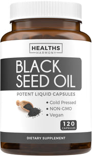 Healths Harmony black seed oil softgel bottle with easy daily capsules.