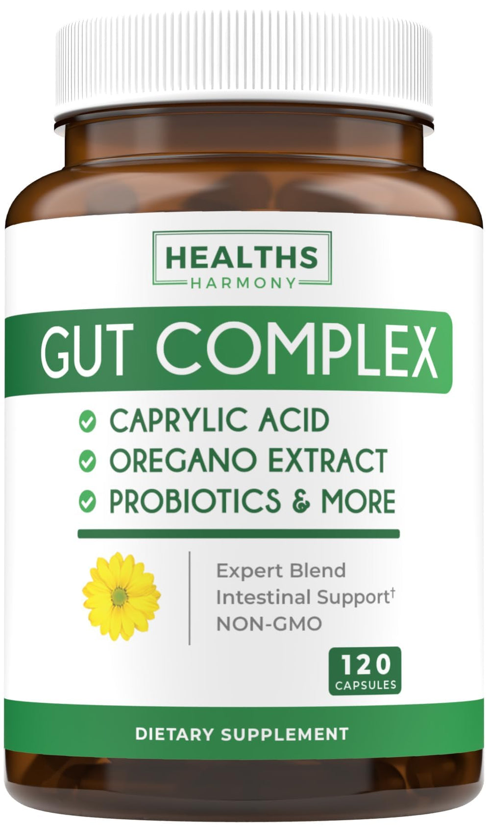 Healths Harmony Candida Support bottle closeup shows a vegan gut health option for balanced yeast levels.