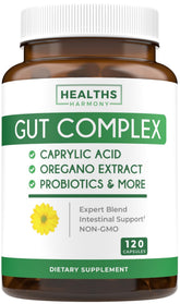 Healths Harmony Candida Support bottle closeup shows a vegan gut health option for balanced yeast levels.