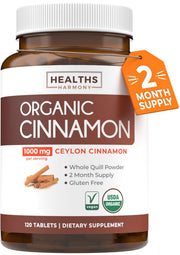 Healths Harmony Ceylon Cinnamon pills bottle, premium organic supplement for daily antioxidant support.